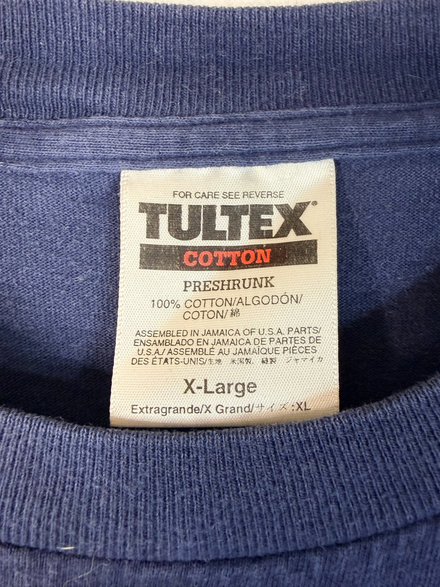 Brass Monkey Vintage navy blue cotton t-shirt tag showing Tultex brand and size XL label