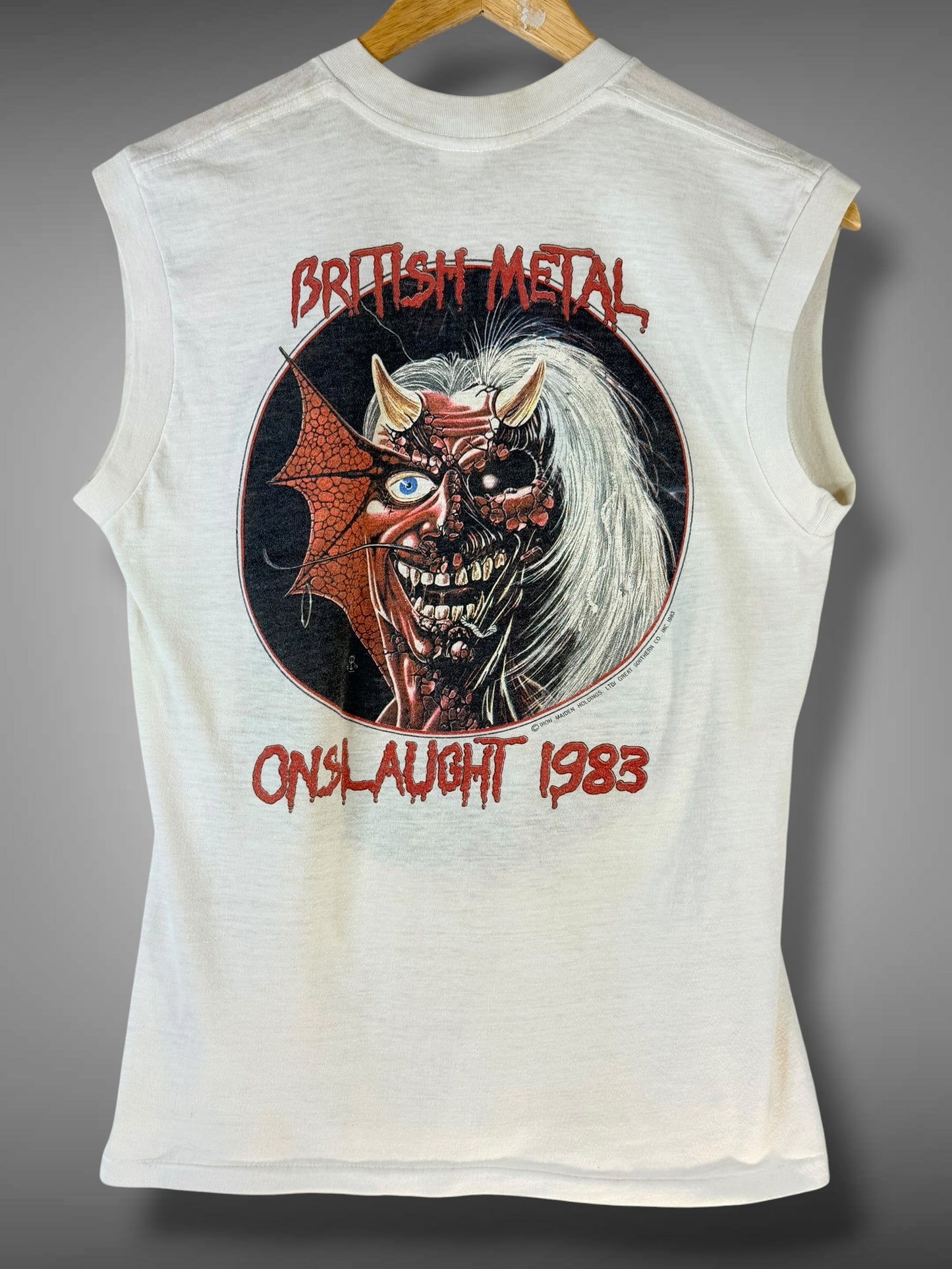 Vintage 1983 Iron Maiden British Metal Onslaught Muscle T-Shirt M