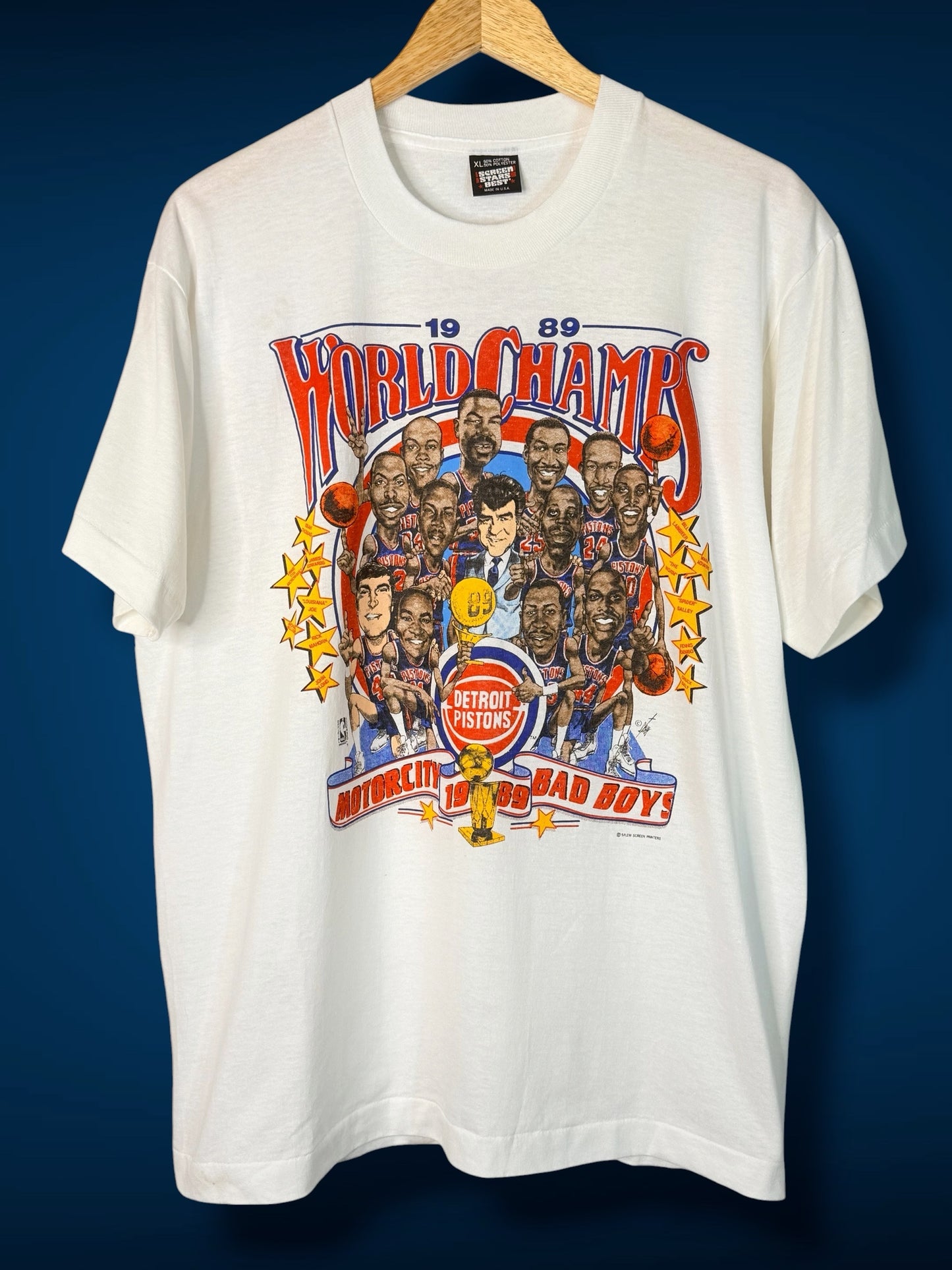 Brass Monkey Vintage 1989 Detroit Pistons World Champs graphic t-shirt with caricature roster on white cotton blend