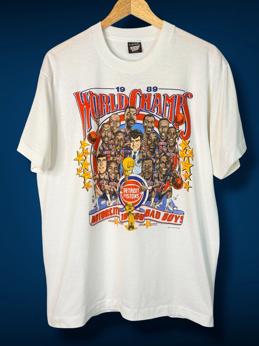 Brass Monkey Vintage 1989 Detroit Pistons World Champs graphic t-shirt with caricature roster on white cotton blend