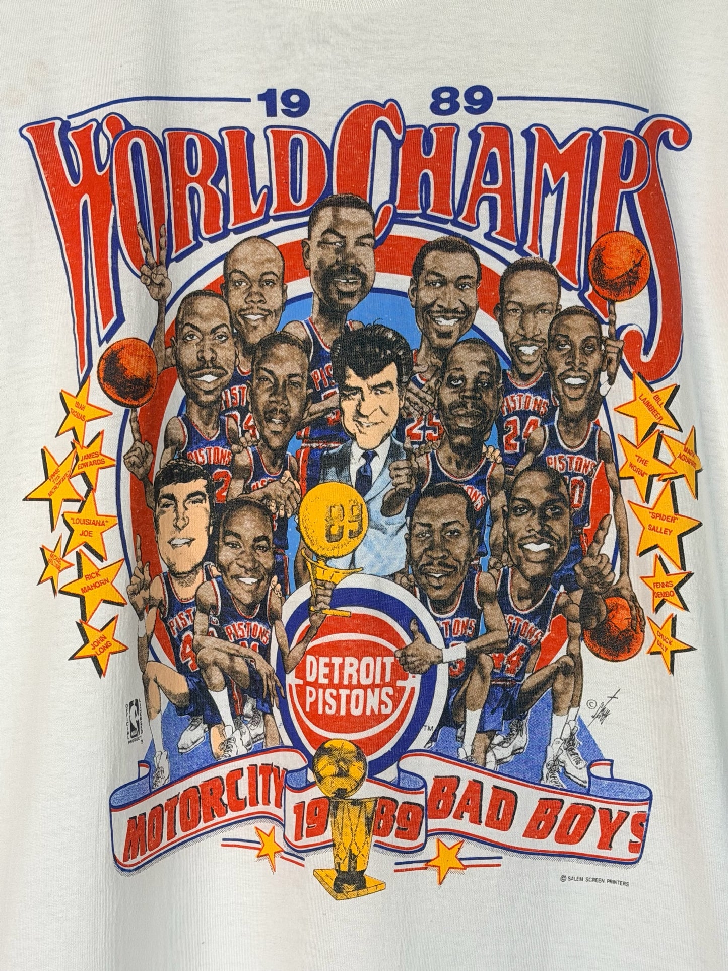 Brass Monkey Vintage 1989 Detroit Pistons World Champions graphic t-shirt with caricature roster print on white cotton