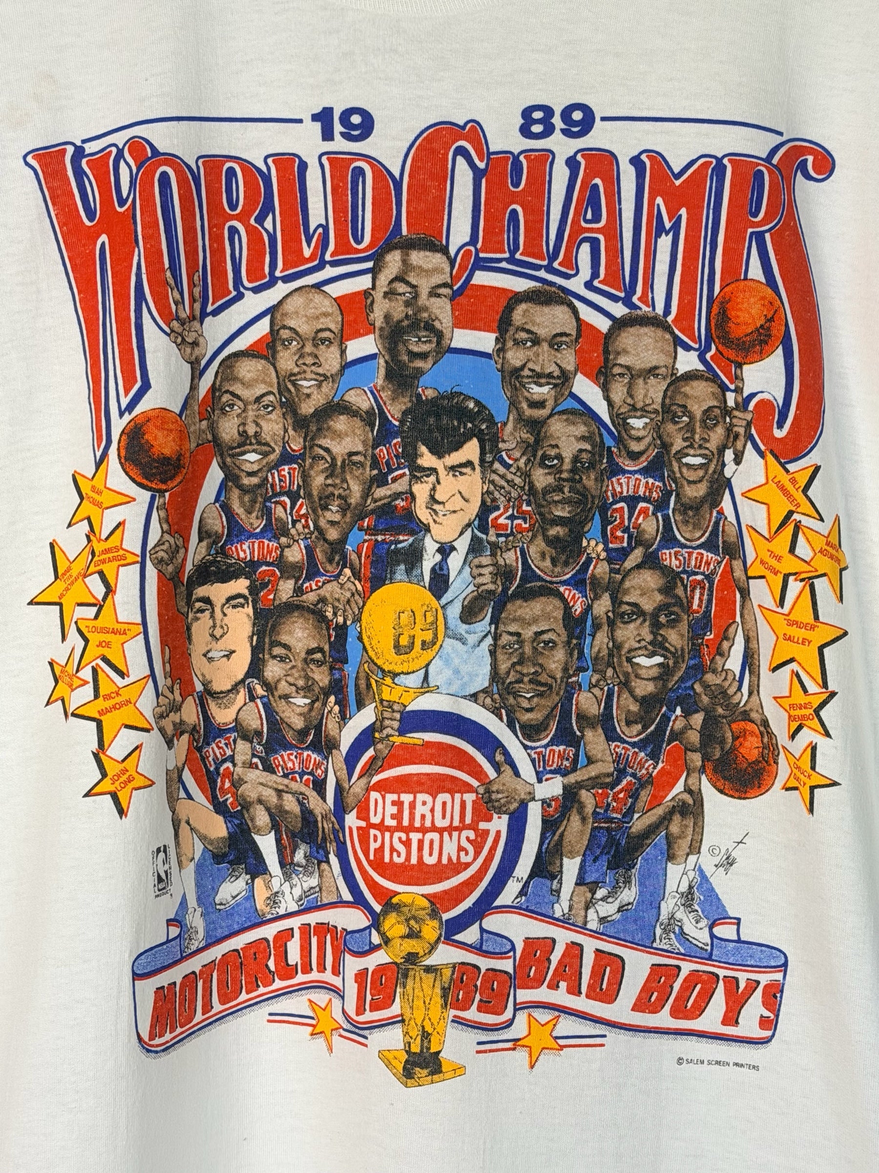 Brass Monkey Vintage 1989 Detroit Pistons World Champions graphic t-shirt with caricature roster print on white cotton