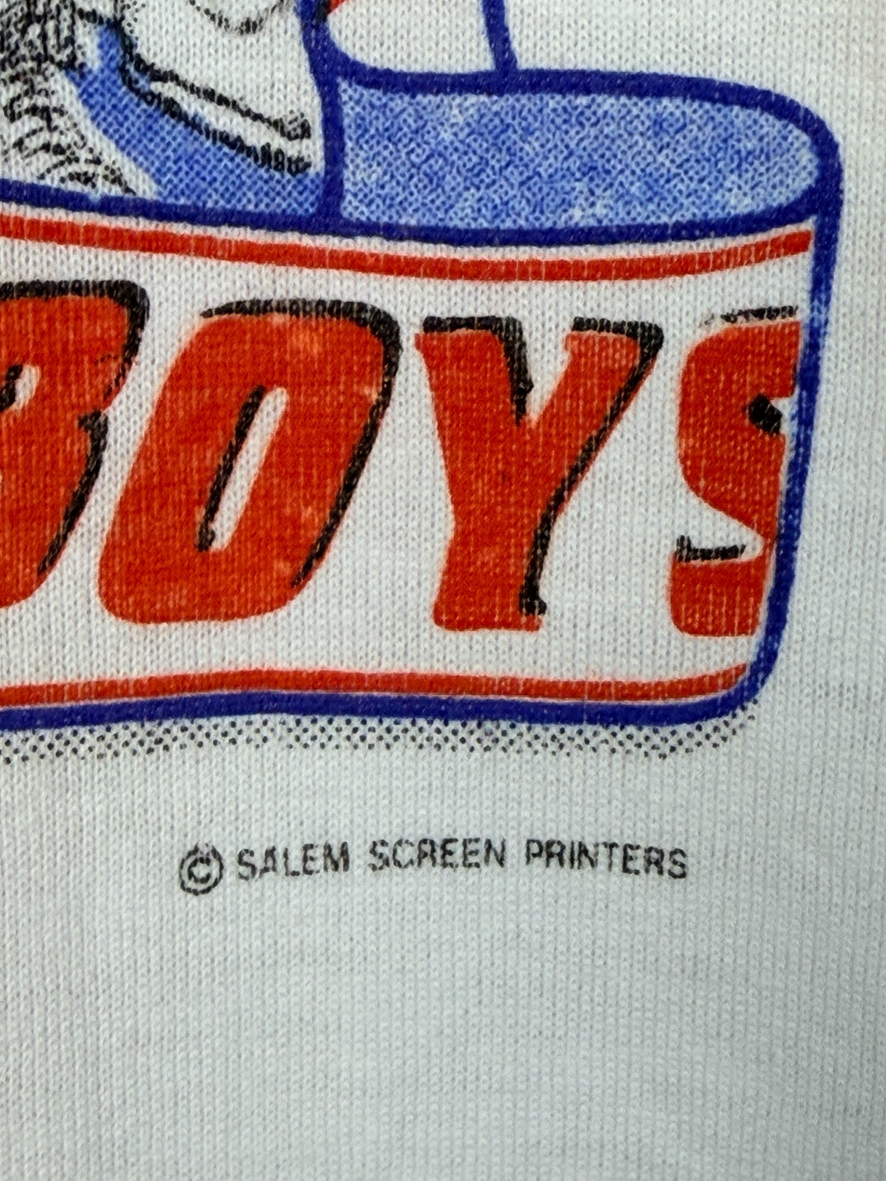 Brass Monkey Vintage 1989 Detroit Pistons Bad Boys graphic t-shirt detail showing screen print and copyright text