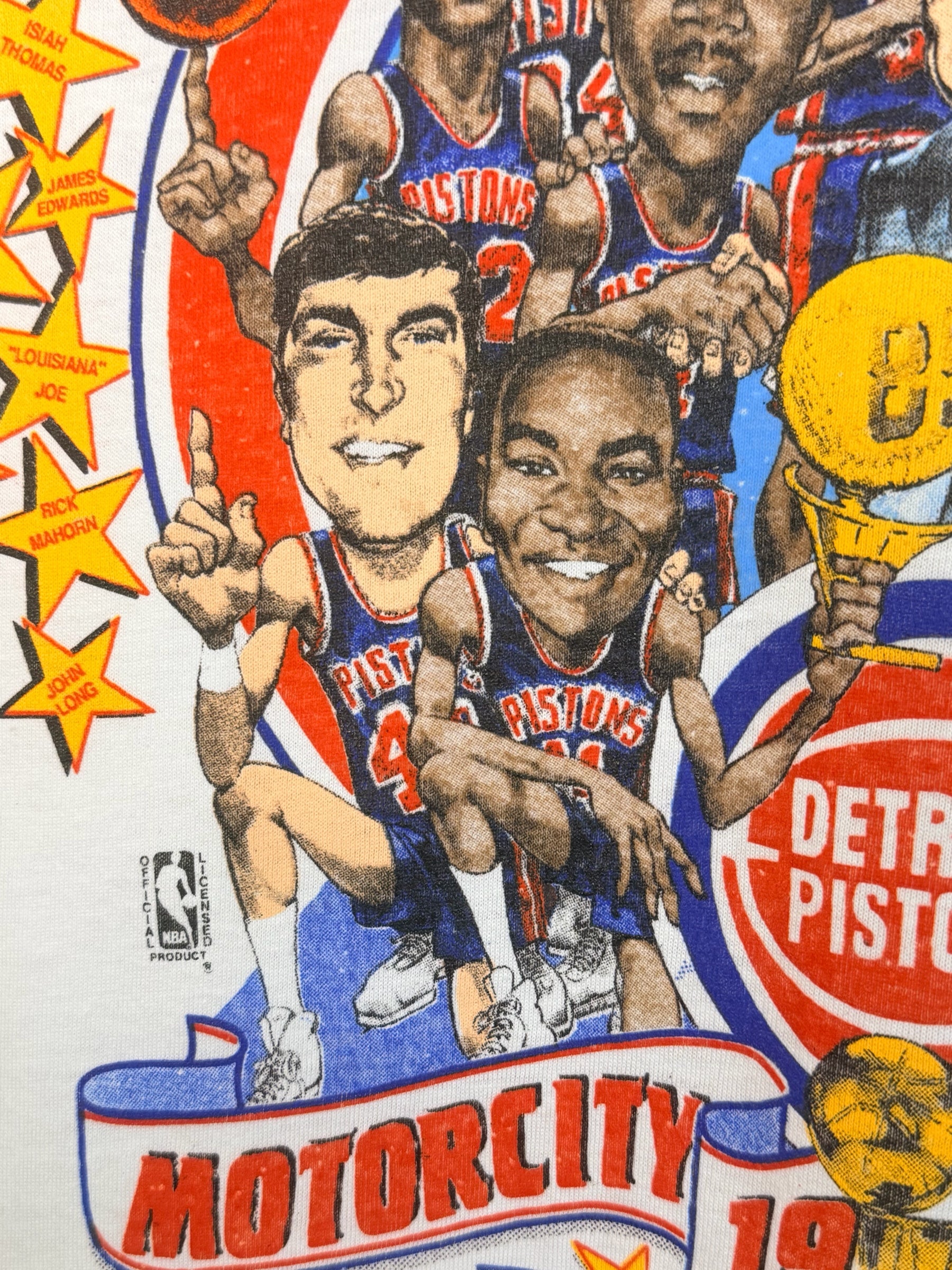 Brass Monkey Vintage 1989 Detroit Pistons championship t-shirt with detailed caricature graphic of the Bad Boys team