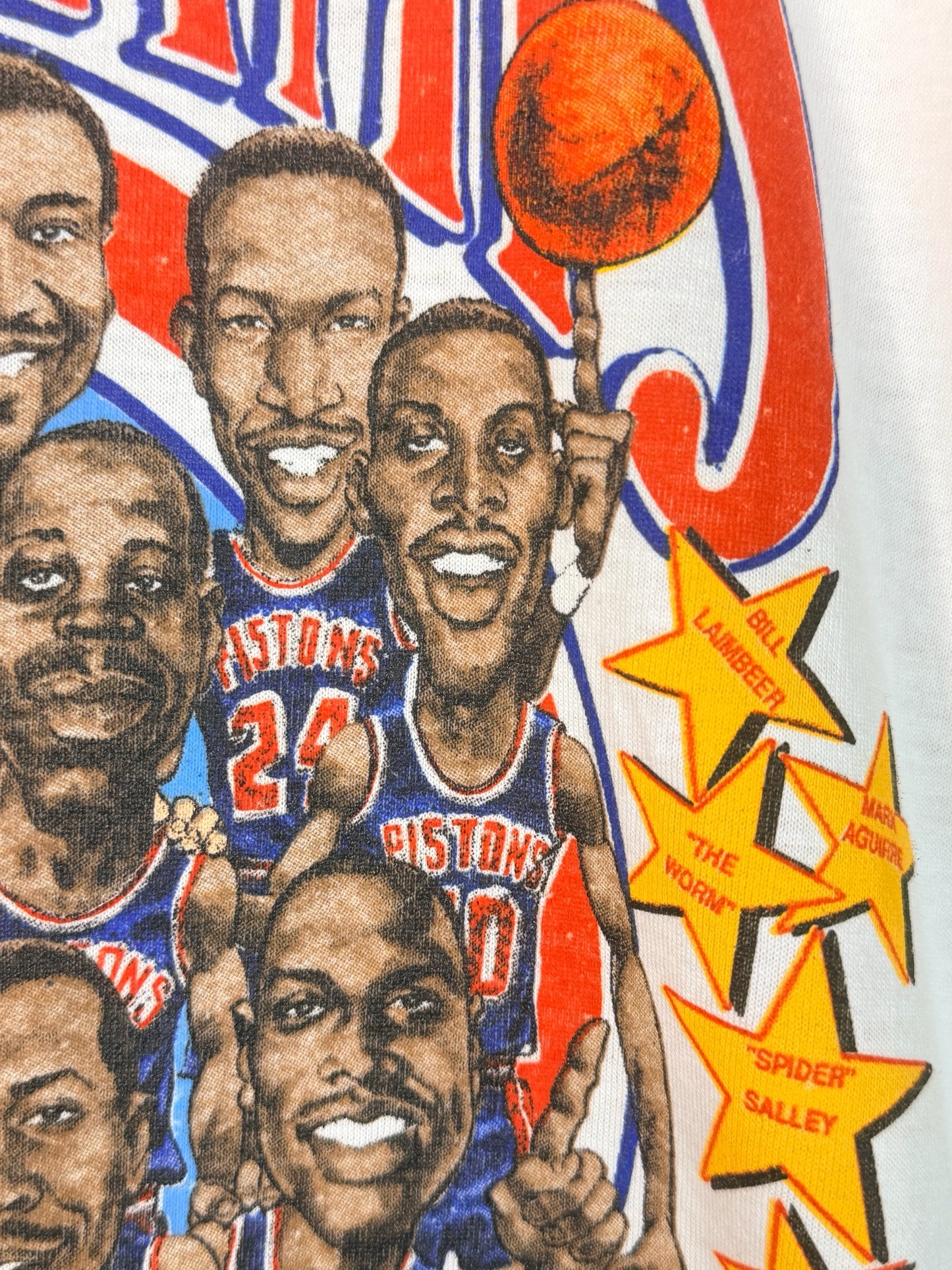Brass Monkey Vintage 1989 Detroit Pistons graphic t-shirt featuring caricature illustrations of the Bad Boys roster.