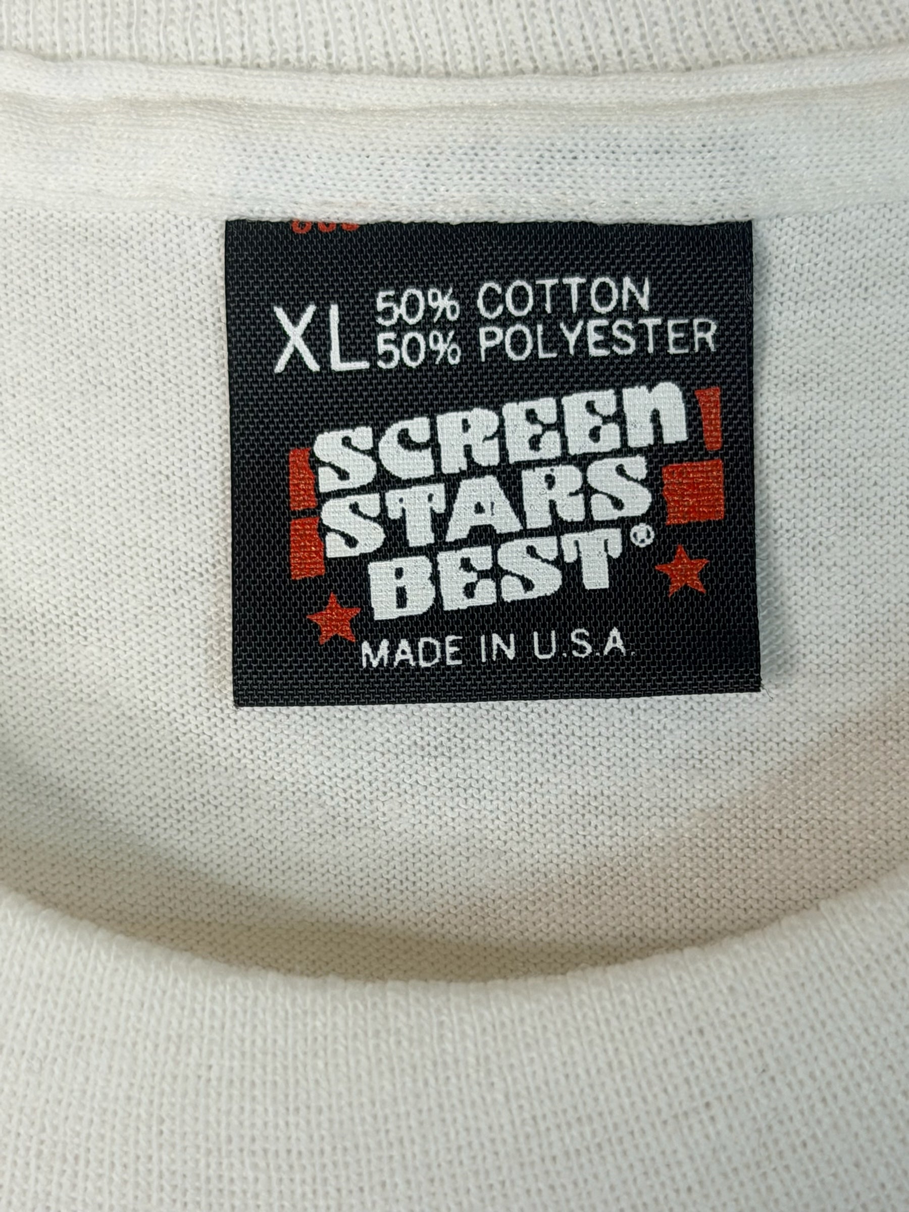 Brass Monkey Vintage white t-shirt label showing Screen Stars Best branding, size XL, and cotton polyester blend.