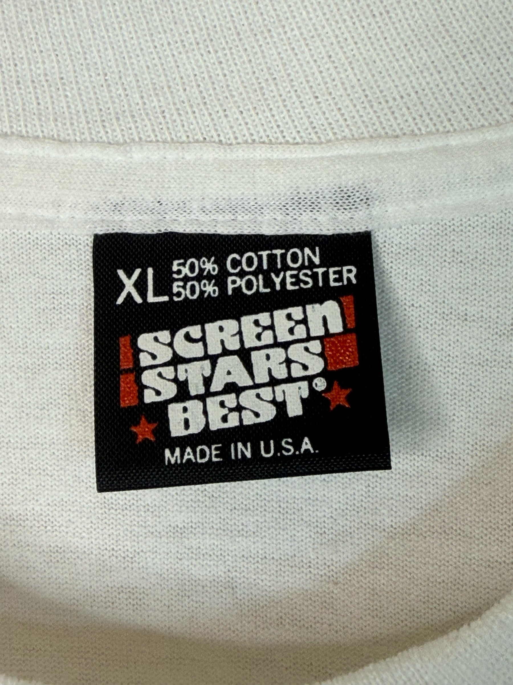 Brass Monkey Vintage Screen Stars Best tag on a white 1989 Detroit Pistons championship t-shirt, size XL.